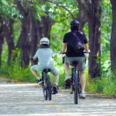 Dwie osoby na rowerach przemierzają malownicze trasy rowerowe Rzeszów, otoczone zielenią drzew.