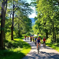 Grupa rowerzystów przemierza malownicze **Ciechocinek trasy rowerowe** wśród zielonych drzew.