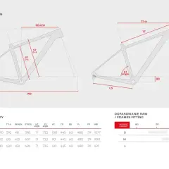 Schemat ramy rowerowej Peak 29 Carbon z wymiarami roweru: Reach, Stack, TT, ST C-C, CS, HT, kąty, BB, FL, FR, WB. Tabela geometrii ram.