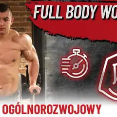 Mężczyzna ćwiczy FBW. Na ekranie widnieje napis "FULL BODY WORKOUT (FBW)" i grafiki symbolizujące trening.