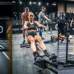 Kobiety wykonują ćwiczenia w stylu Hyrox: ciągną liny, wiosłują i pchają sanie. To wyzwanie dla wytrzymałych!