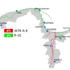 Mapa tras rowerowych WTR R-9 (czerwona) i R-10 (zielona) wzdłuż wybrzeża i w głąb lądu, łącząca miasta takie jak Ustka, Słupsk, Łeba, Władysławowo, Gdynia, Sopot, Gdańsk, Krynica Morska, Nowy Dwór Gdański, Tczew i Kwidzyn.