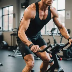 Intensywny trening aerobowy na rowerach stacjonarnych w siłowni. Mężczyzna z wyrzeźbionymi mięśniami pedałuje z determinacją.