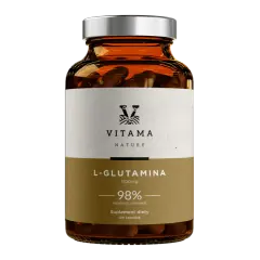 Butelka suplementu diety L-Glutamina 1100mg, 98% substancji czynnych. Wspiera regenerację i odporność.