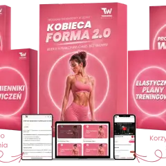 Kobieta endomorfik w różowym stroju sportowym na tle materiałów treningowych. Program "Kobieca Forma 2.0" oferuje plany, wideo i zamienniki ćwiczeń.