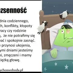Zielona postać w łóżku, z otwartymi oczami, nie może zasnąć. Skaczące owce symbolizują bezsenność po MSM.