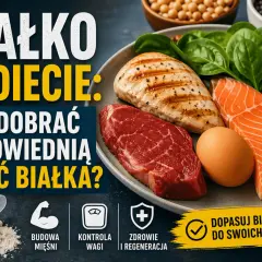 Białko w diecie: jak dobrać odpowiednią ilość? Na talerzu mięso, ryba, jajko, nabiał i szpinak. Obok odżywka białkowa i ikony: budowa mięśni, kontrola wagi, zdrowie i regeneracja.