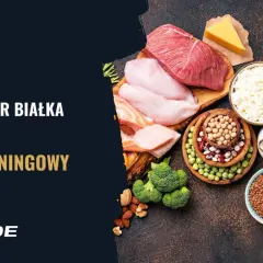 Kalkulator białka i plan treningowy. Różnorodne źródła białka: mięso, ryby, nabiał, jaja, rośliny strączkowe, orzechy, płatki owsiane, kasza, ryż.