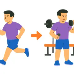 Bieganie przed czy po treningu? Ilustracja pokazuje mężczyznę biegającego, a następnie ćwiczącego z hantlami na ławce.