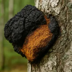 Czarny, chropowaty grzyb chaga rośnie na pniu brzozy. Jego pomarańczowe wnętrze sugeruje bogactwo cennych właściwości.