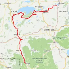 Mapa z zaznaczoną trasą rowerową, która prowadzi przez Beskid Śląski, od Wisły, przez Ustroń, Skoczów, aż do Goczałkowic-Zdroju. To fragment żelaznego szlaku rowerowego.