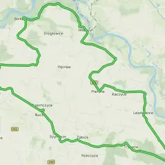 Mapa z zaznaczonym zielonym szlakiem rowerowym, biegnącym przez wsie takie jak Bork, Pęcław, Kaczyce, a także w pobliżu Głogowa.