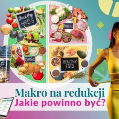 Grafika przedstawia podział na makroelementy: węglowodany, białka i tłuszcze. Kobieta mierzy talię, sugerując cel redukcji wagi.