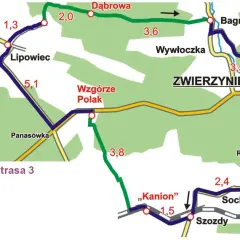 Mapa trasy rowerowej Zwierzyniec Florianka. Znajdziesz tu punkty takie jak Lipowiec, Bagno, Park Miejski, Stawy Echo, Cmentarz, Sochy, Szozdy i "Kanion".