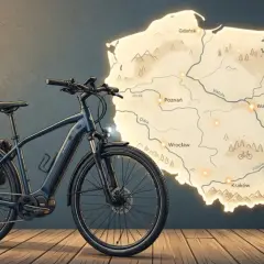 Czy rower elektryczny jest pojazdem mechanicznym? Ten rower z sakwami obok mapy Polski sugeruje podróż.