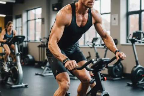 Intensywny trening aerobowy na rowerach stacjonarnych w siłowni. Mężczyzna z wyrzeźbionymi mięśniami pedałuje z determinacją.