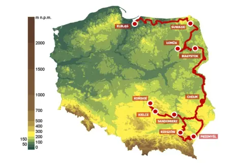 Mapa Polski z zaznaczonymi trasami rowerowymi, w tym szlakami prowadzącymi przez Białystok. Widoczne są różne wysokości nad poziomem morza.