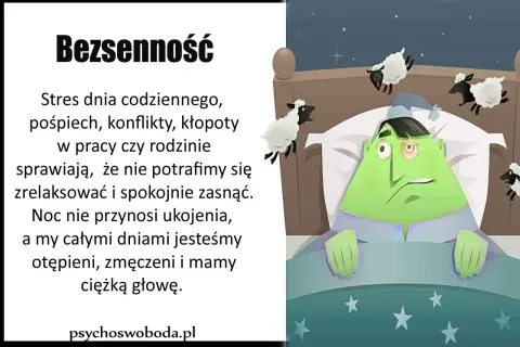 Zielona postać w łóżku, z otwartymi oczami, nie może zasnąć. Skaczące owce symbolizują bezsenność po MSM.