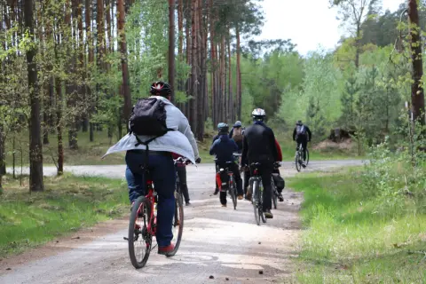 Grupa rowerzystów przemierza leśną ścieżkę. Czy jazda na rowerze odchudza? Aktywność fizyczna na świeżym powietrzu z pewnością pomaga.