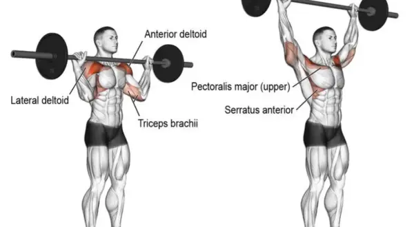 Mężczyzna wykonuje wyciskanie sztangi nad głowę. To świetne ćwiczenie na barki, angażujące też klatkę i triceps.
