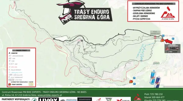 Mapa tras rowerowych Srebrna Góra. Centrum Rowerowe PM Bike Experts oferuje wypożyczalnię, szkolenia i serwis.