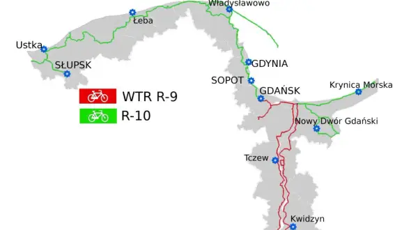 Mapa tras rowerowych WTR R-9 (czerwona) i R-10 (zielona) wzdłuż wybrzeża i w głąb lądu, łącząca miasta takie jak Ustka, Słupsk, Łeba, Władysławowo, Gdynia, Sopot, Gdańsk, Krynica Morska, Nowy Dwór Gdański, Tczew i Kwidzyn.