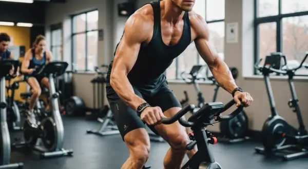 Intensywny trening aerobowy na rowerach stacjonarnych w siłowni. Mężczyzna z wyrzeźbionymi mięśniami pedałuje z determinacją.