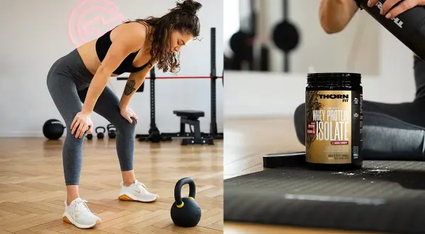 Kobieta po treningu crossfit odpoczywa obok odżywki białkowej. Jakie odżywki na crossfit są najlepsze?