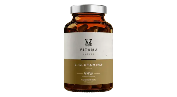 Butelka suplementu diety L-Glutamina 1100mg, 98% substancji czynnych. Wspiera regenerację i odporność.