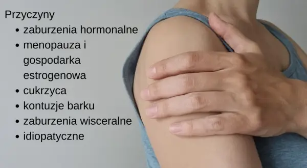 Przyczyny zamrożonego barku: zaburzenia hormonalne, menopauza, cukrzyca, kontuzje. Ćwiczenia mogą pomóc w leczeniu.