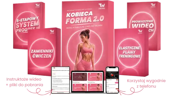 Kobieta endomorfik w różowym stroju sportowym na tle materiałów treningowych. Program "Kobieca Forma 2.0" oferuje plany, wideo i zamienniki ćwiczeń.