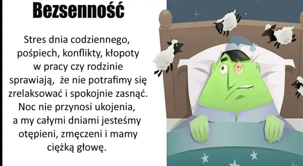 Zielona postać w łóżku, z otwartymi oczami, nie może zasnąć. Skaczące owce symbolizują bezsenność po MSM.