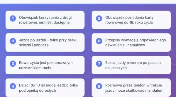 Najważniejsze przepisy ruchu drogowego dla rowerzystów: obowiązek korzystania z drogi rowerowej, jazda po jezdni tylko przy braku ścieżki, zakaz jazdy po pasach dla pieszych.