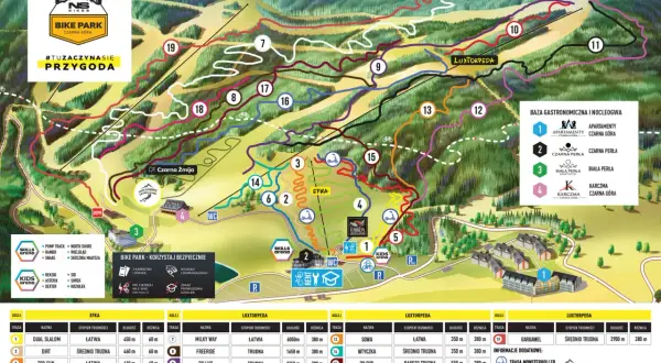 Mapa Bike Parku Czarna Góra z trasami rowerowymi. Znajdziesz tu oznaczone szlaki, wyciągi i punkty gastronomiczne.