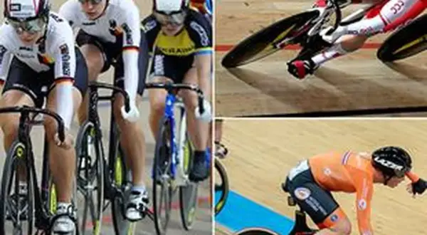 Kolarze w akcji podczas wyścigu keirin. Dynamiczne ujęcia pokazują zawodników na torze, skupionych na rywalizacji.