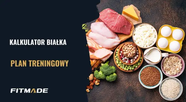 Kalkulator białka i plan treningowy. Różnorodne źródła białka: mięso, ryby, nabiał, jaja, rośliny strączkowe, orzechy, płatki owsiane, kasza, ryż.