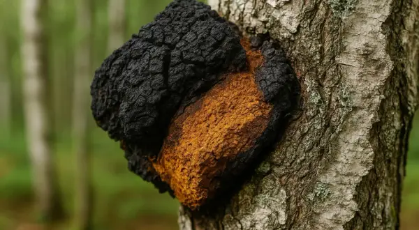 Czarny, chropowaty grzyb chaga rośnie na pniu brzozy. Jego pomarańczowe wnętrze sugeruje bogactwo cennych właściwości.