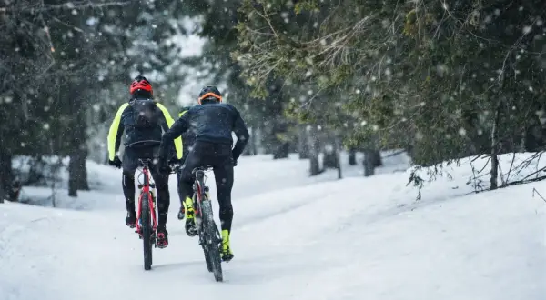 Dwóch rowerzystów przemierza zimowe trasy rowerowe Olsztyn, podczas gdy śnieg delikatnie opada na las.