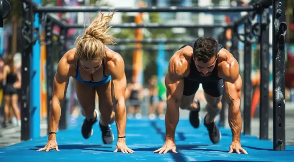 Para, czy crossfit pomaga schudnąć? Dwóch muskularnych sportowców wykonuje pompki na zewnątrz.