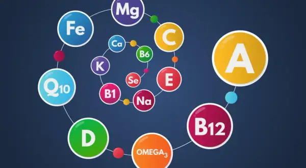 Wizualizacja przedstawia spirale z witaminami i minerałami, kluczowymi dla treningu siłowego: A, B1, B6, B12, C, D, E, Fe, Ca, K, Mg, Se, Na, Q10, OMEGA3.