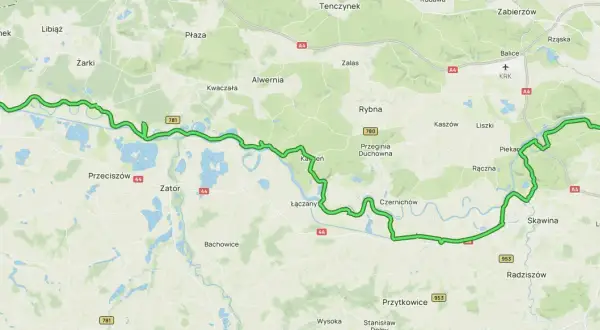 Mapa z zaznaczoną zieloną linią przedstawiającą wiślaną trasę rowerową GPX, prowadzącą od Oświęcimia do Krakowa.