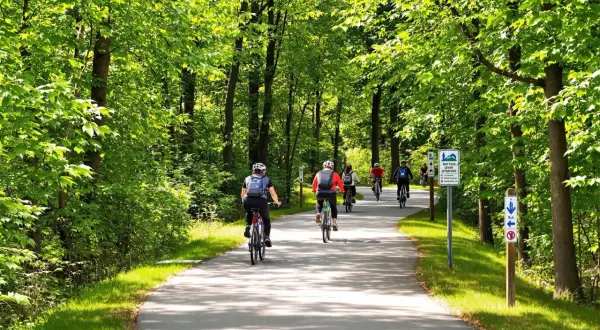 Grupa rowerzystów przemierza malownicze trasy rowerowe Trójmiasta, otoczona bujną zielenią.