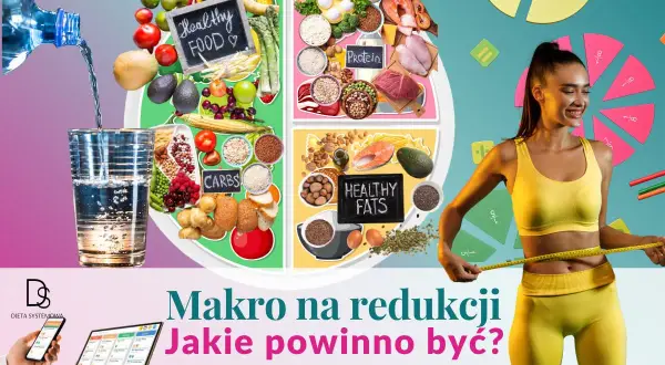 Grafika przedstawia podział na makroelementy: węglowodany, białka i tłuszcze. Kobieta mierzy talię, sugerując cel redukcji wagi.