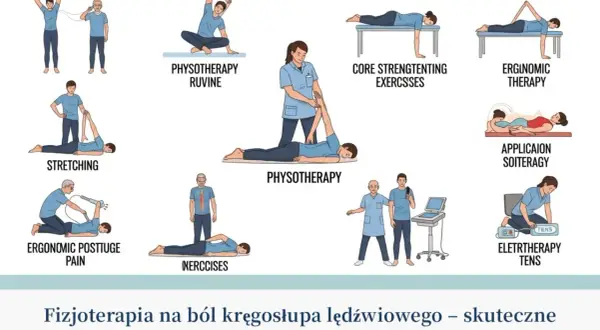 Ilustracje pokazują różne ćwiczenia po złamaniu kręgosłupa lędźwiowego: fizjoterapię, ćwiczenia wzmacniające core, rozciąganie, terapię TENS.