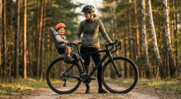 Szczęśliwe dziecko w foteliku rowerowym, gotowe na przygodę. Sprawdź nasz fotelik rowerowy ranking, by wybrać najlepszy model!
