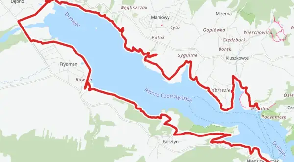 Mapa z zaznaczoną trasą rowerową wokół Jeziora Czorsztyńskiego i Dunajca. Idealna velo dunajec trasa rowerowa dla miłośników przyrody.