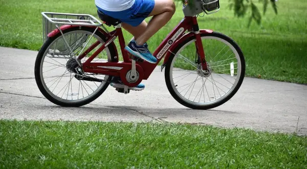 Osoba na czerwonym rowerze miejskim, z koszykiem z przodu i bagażnikiem z tyłu. Widoczne są hamulce tarczowe, jeden z rodzajów hamulców rowerowych.