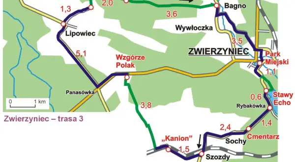 Mapa trasy rowerowej Zwierzyniec Florianka. Znajdziesz tu punkty takie jak Lipowiec, Bagno, Park Miejski, Stawy Echo, Cmentarz, Sochy, Szozdy i "Kanion".