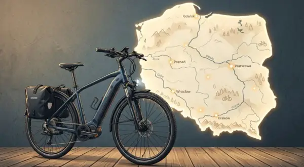 Czy rower elektryczny jest pojazdem mechanicznym? Ten rower z sakwami obok mapy Polski sugeruje podróż.