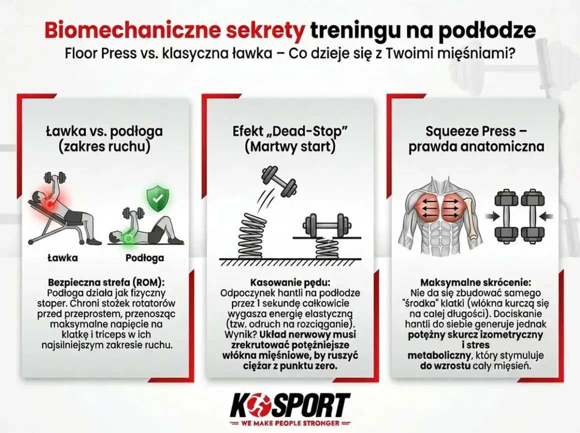 Porównanie ćwiczeń na dol klatki piersiowej: floor press vs. ławka. Grafika pokazuje zakres ruchu, efekt martwego startu i anatomiczną prawdę o squeeze press.